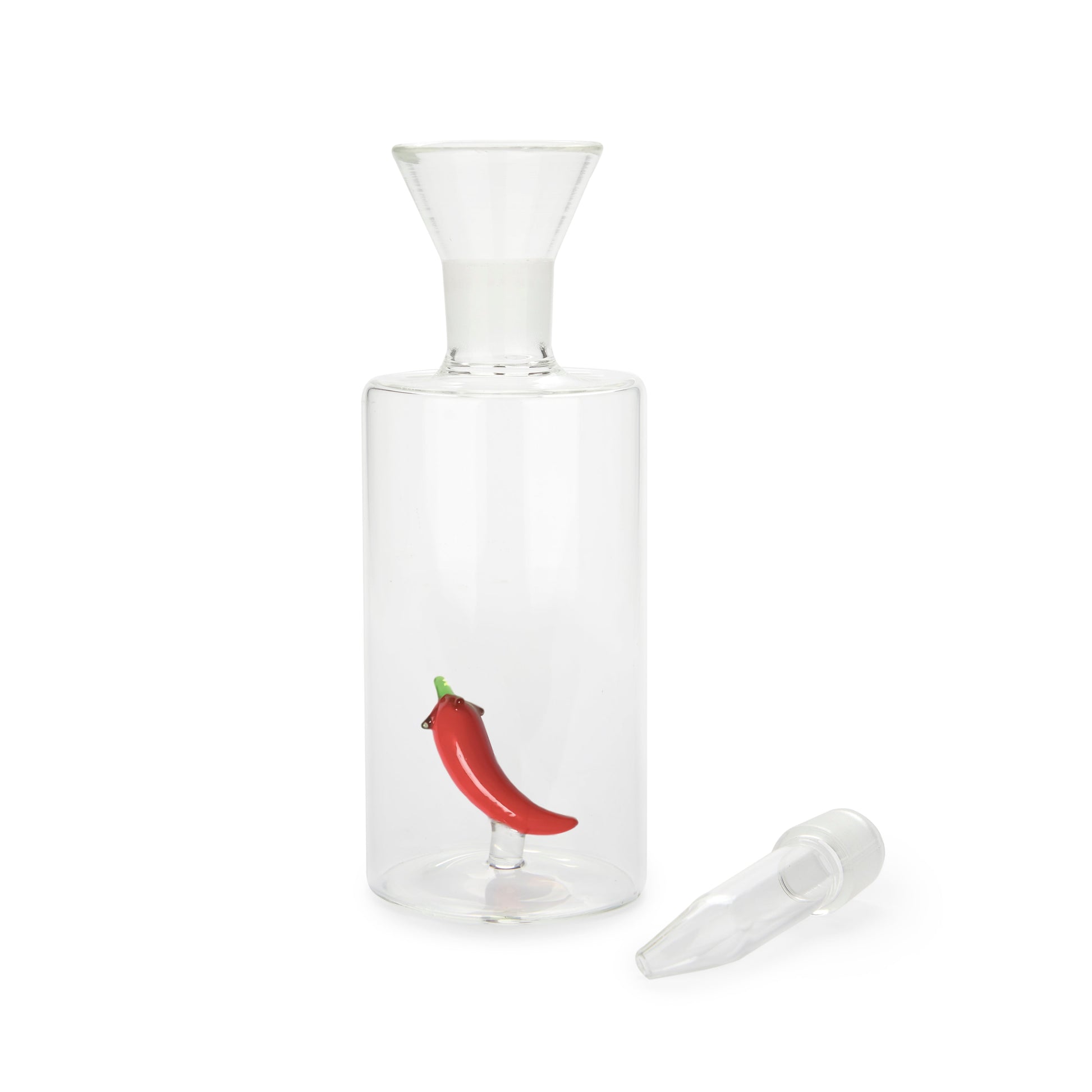 Balvi Olieschenker Chili - 350 ml, met rode chilipeper zichtbaar in de fles, dop ernaast