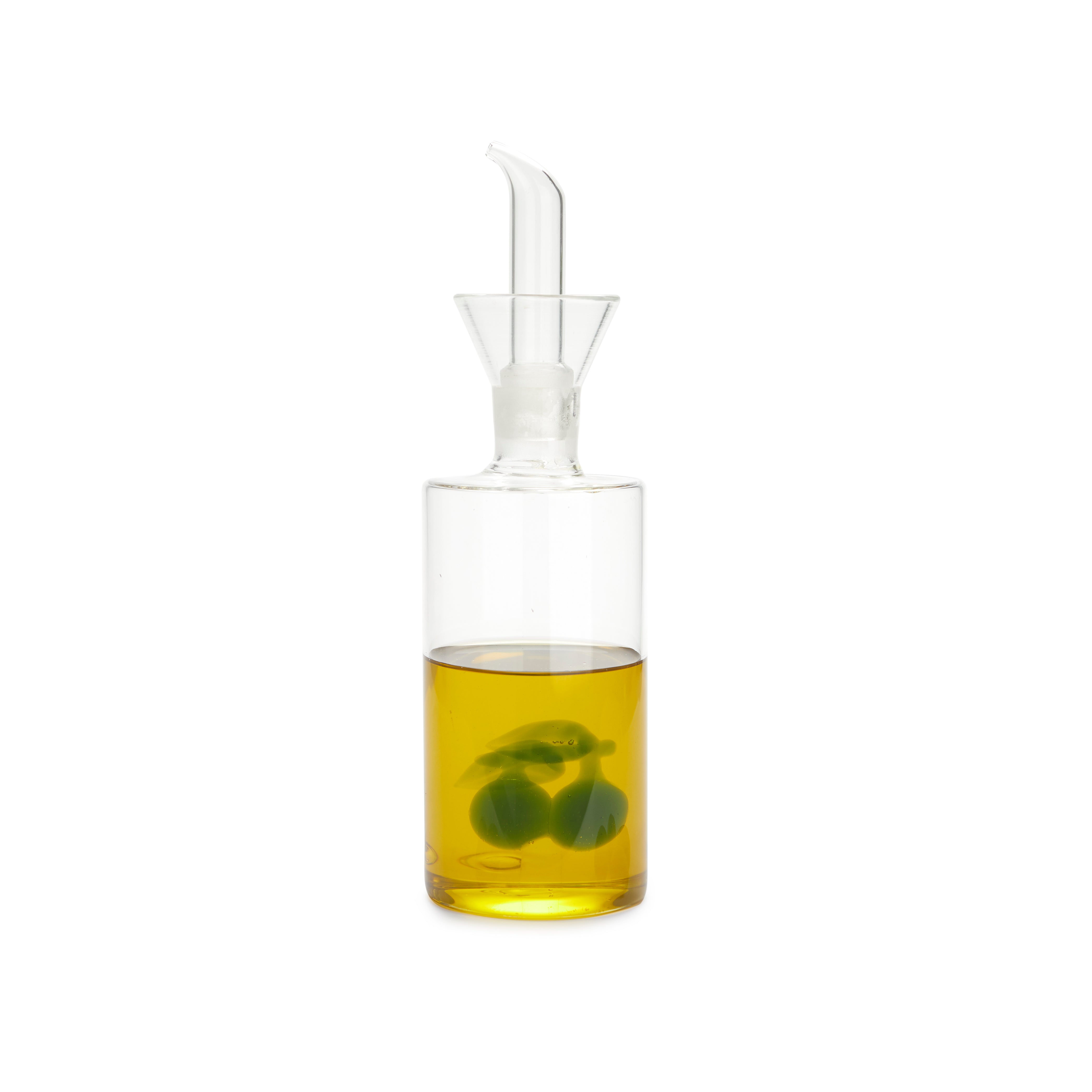 Balvi Olieschenker Olijf - 350 ml, gevuld met olie, olijfblaadje zichtbaar, olijven ernaast
