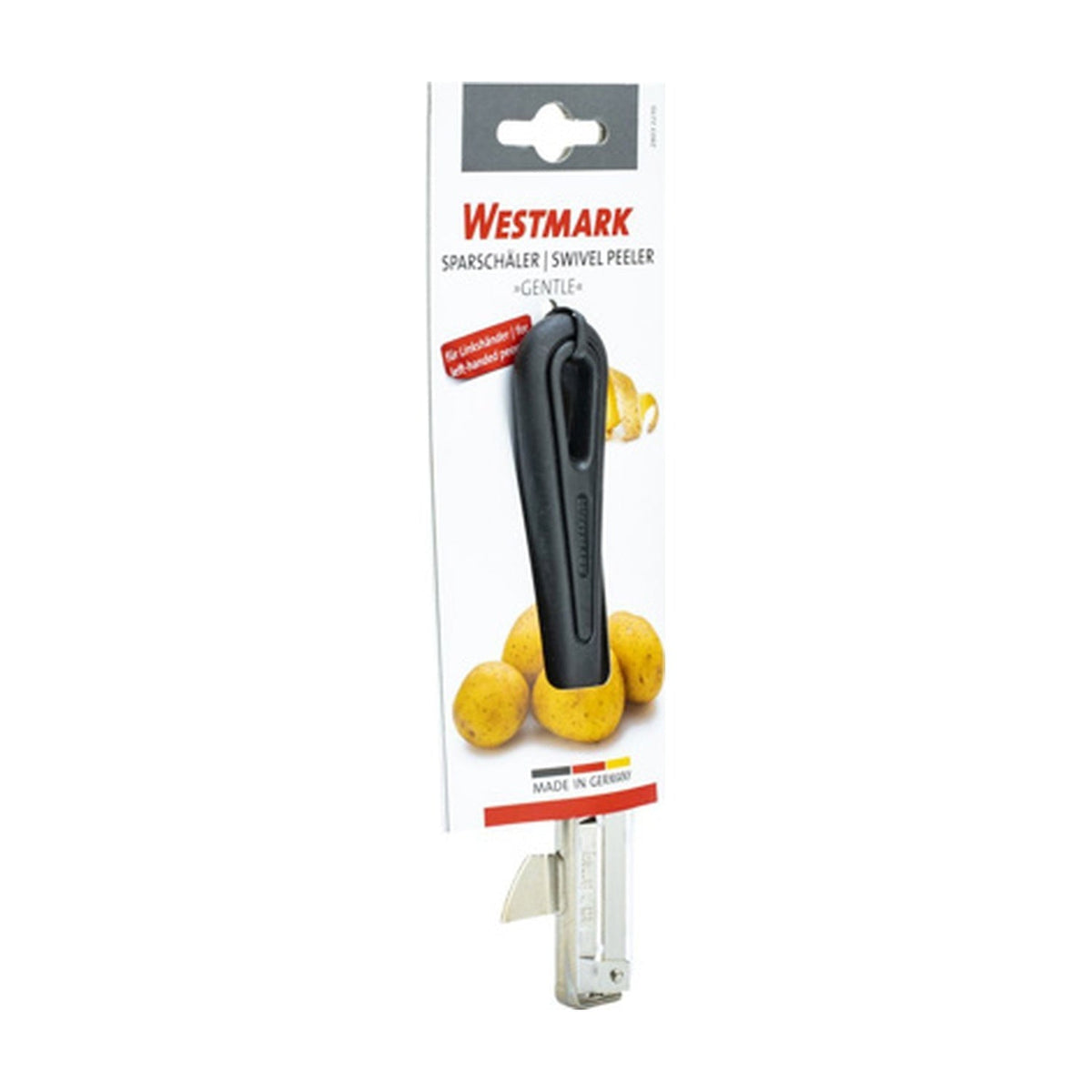 Westmark Dunschiller Linkshandig, zwart, schilmesje op blisterverpakking met linkshandig-symbool en geschilde aardappel