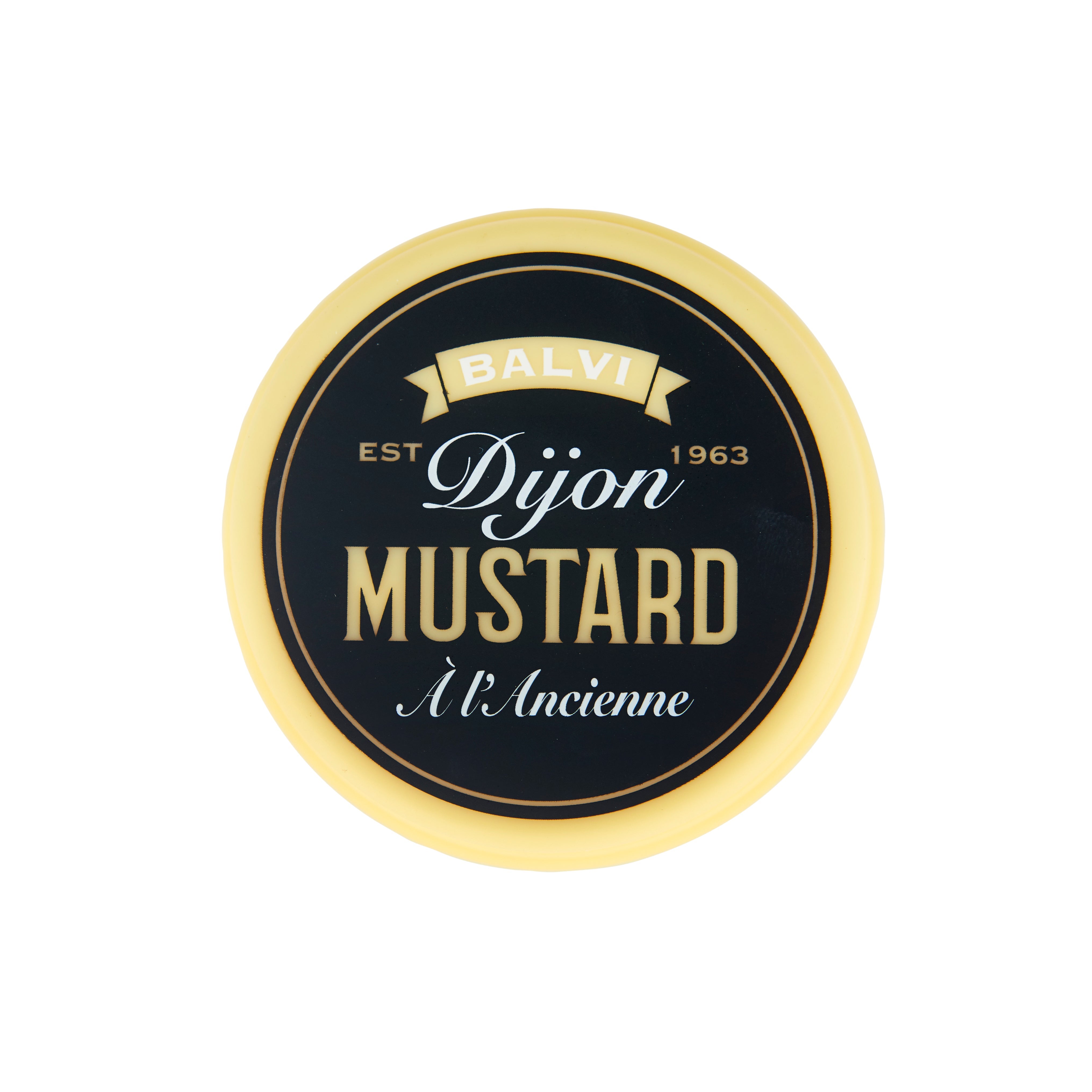 Balvi Kookwekker Mosterd, close-up van het Dijon Mustard-etiket
