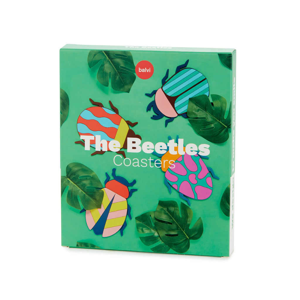 Balvi Onderzetters The Beetles - 4 stuks, verpakkingsdoos met de tekst The Beetles Coasters en vier kevers