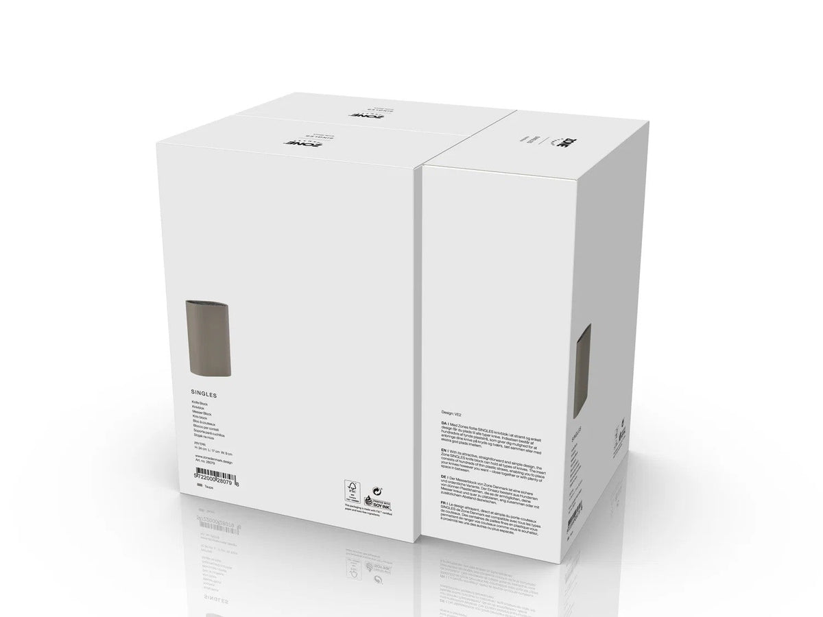Witte doos van het Zone Singles Knife Block met productinformatie, artikelnummer 28079 en streepjescode