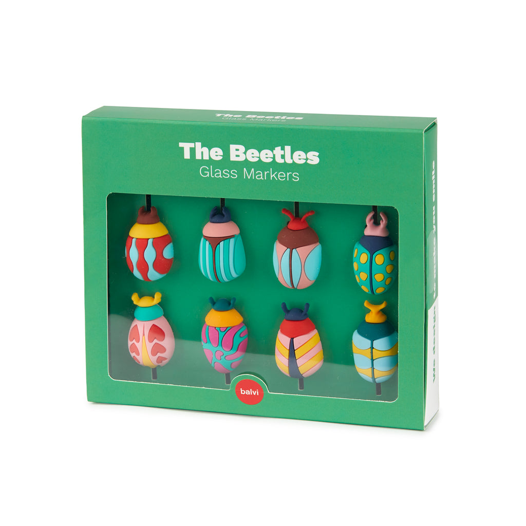 Groene verpakkingsdoos The Beetles Glass Markers met venster waarin acht kevers te zien zijn