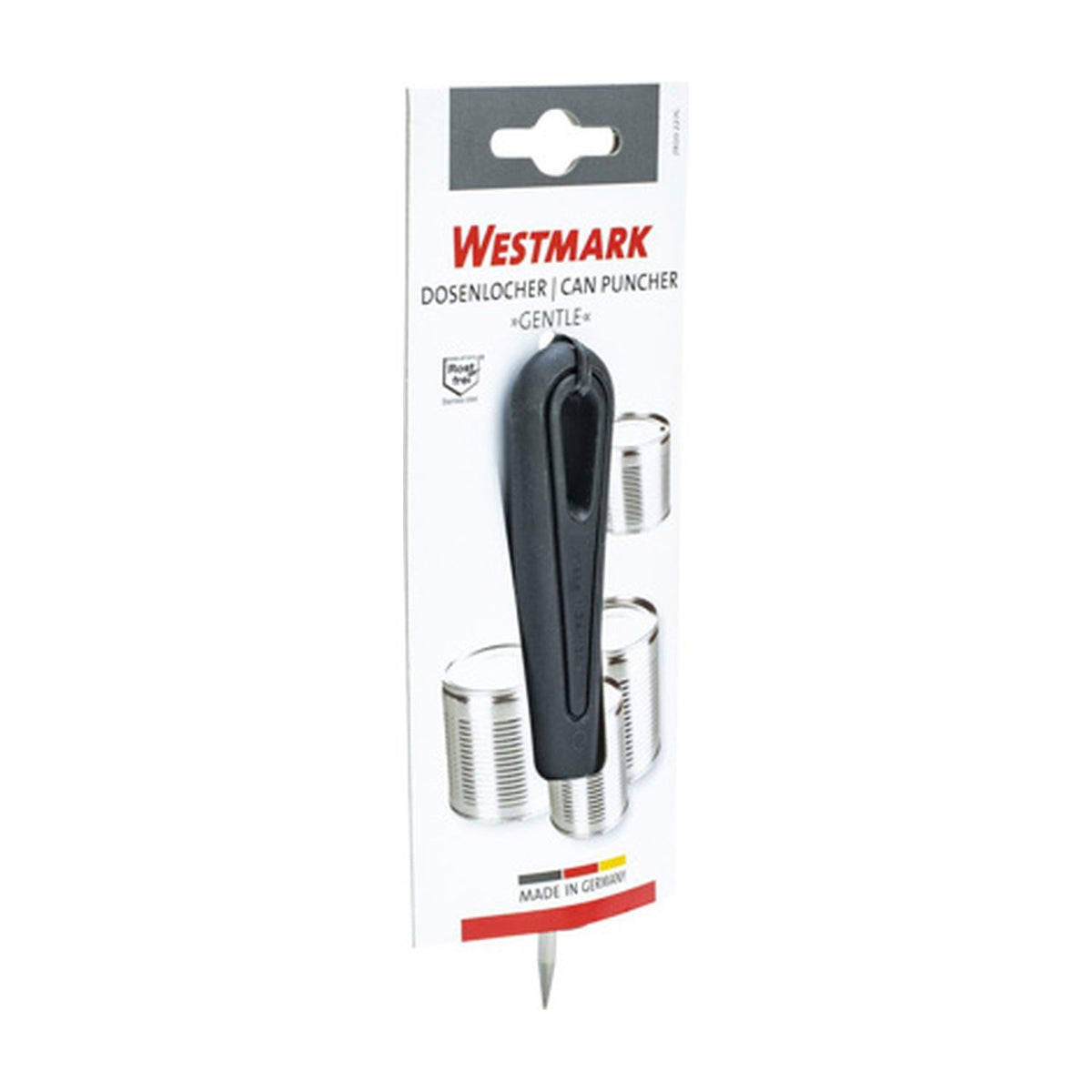 Westmark Gentle Blikprikker, zwart, op de blisterverpakking met afbeeldingen van conservenblikken