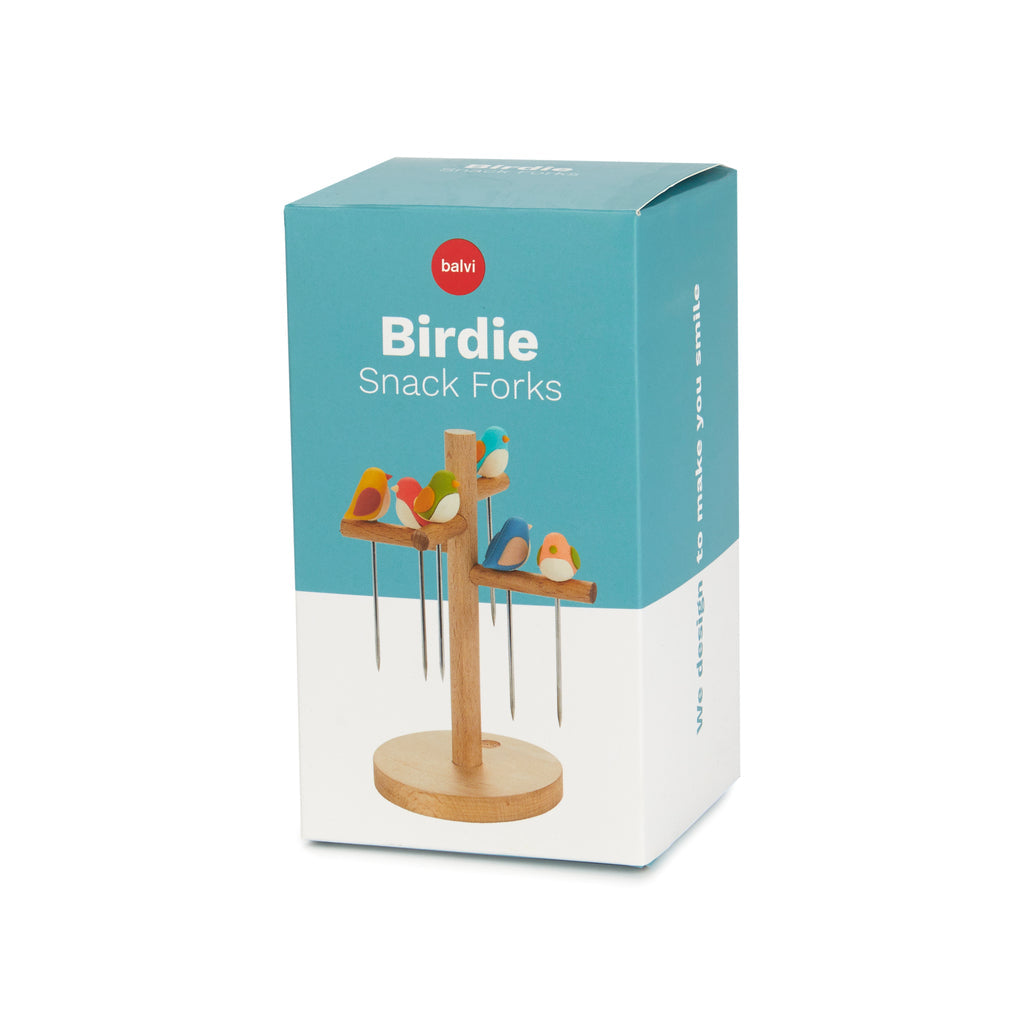 Kartonnen doos van Balvi Birdie Snack Forks met het houten boompje en de vogeltjes erop afgebeeld