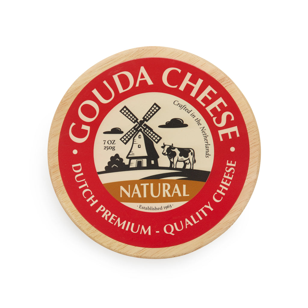 Bovenaanzicht van het houten bovenblad met rode rand, tekst Gouda Cheese en een molen met koeien