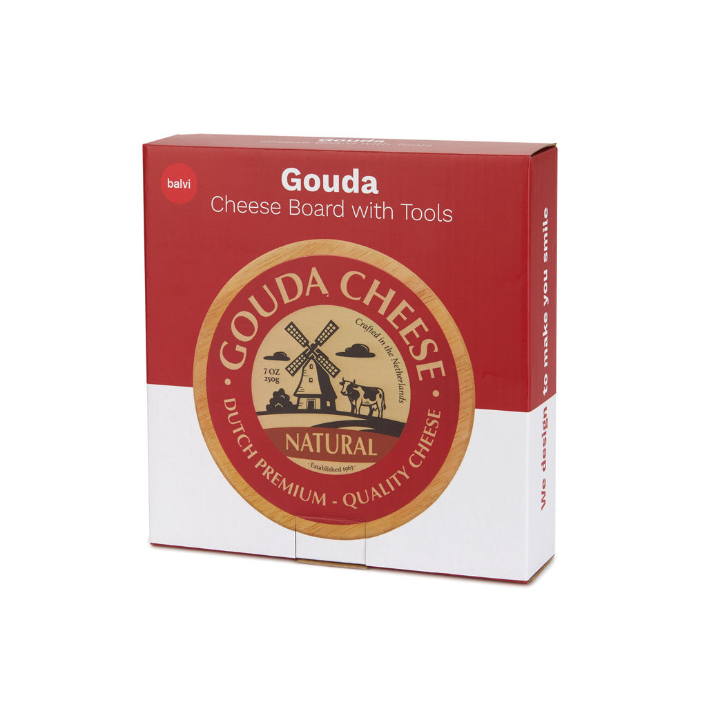 Vierkante kartonnen doos met de tekst Gouda Cheese Board with Tools en de plank erop afgebeeld