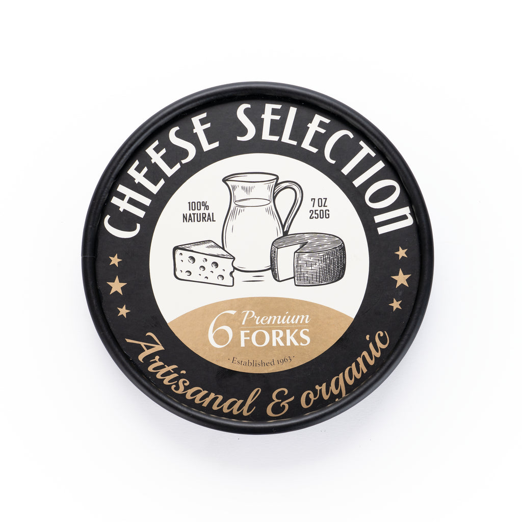 Bovenaanzicht van het zwarte deksel met de tekst Cheese Selection, 6 Premium Forks en Artisanal & organic