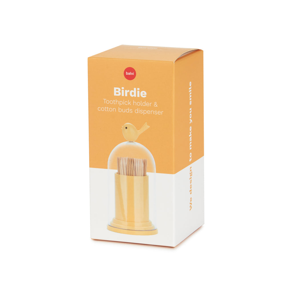 Oranjegele verpakkingsdoos met de tekst Birdie, toothpick holder en cotton buds dispenser, en afbeelding van de gele Birdie