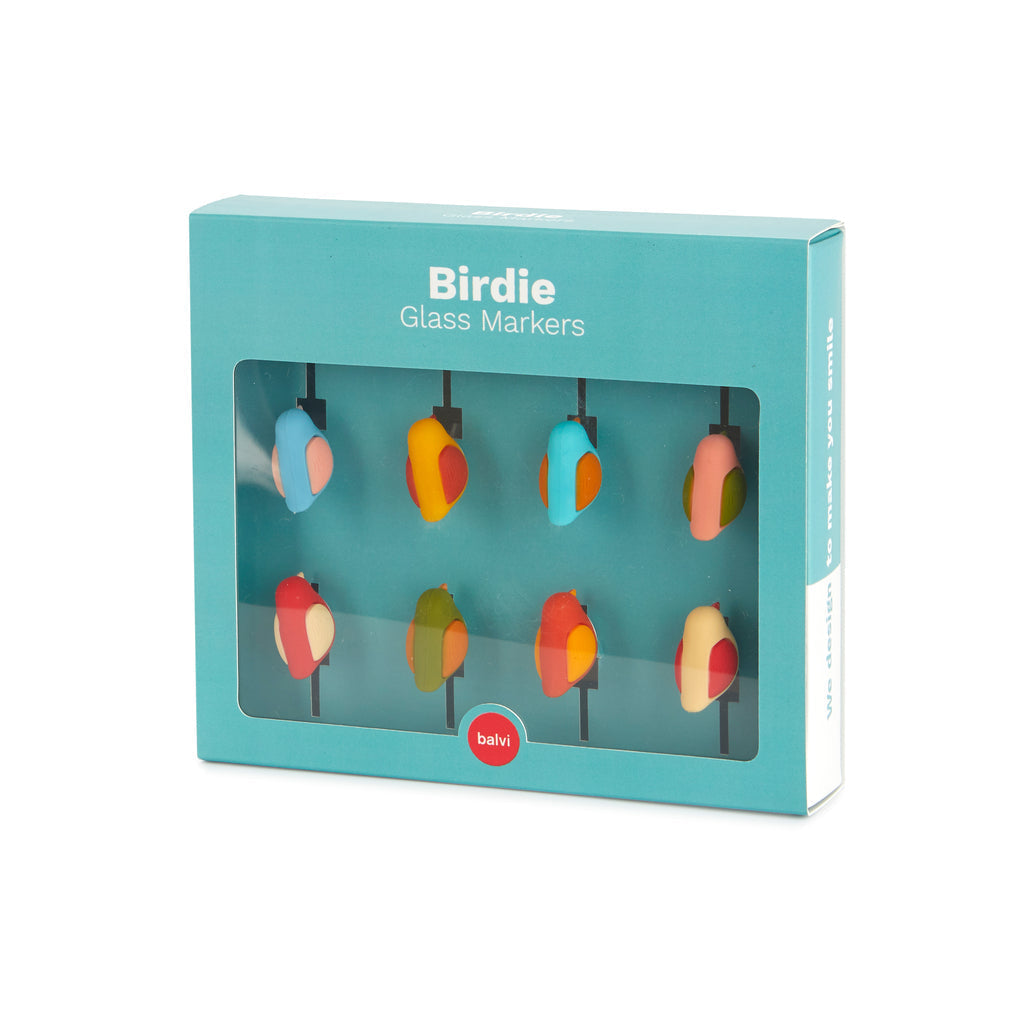 Turquoise verpakkingsdoos Birdie Glass Markers met venster waarin acht vogeltjes te zien zijn