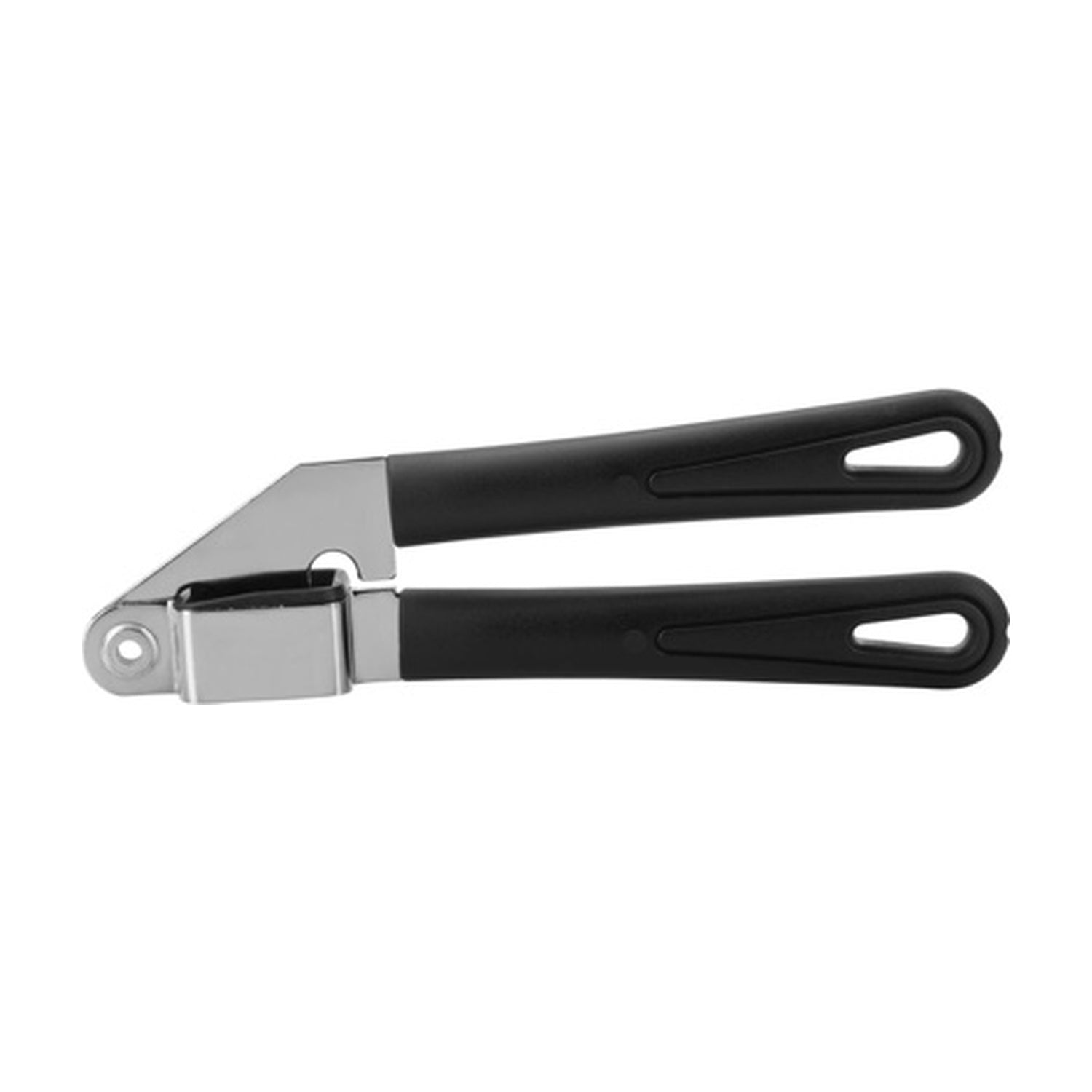 Westmark Gentle Knoflookpers, zwart, op verpakkingskaart met knoflookteentjes