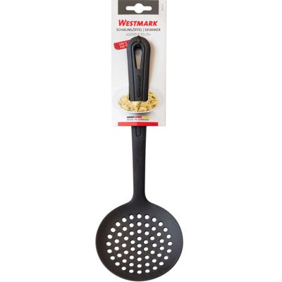 Westmark Gentle Plus Schuimspaan, zwart, op de verpakkingskaart met foto van pasta in de kop