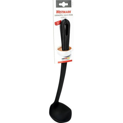 Westmark Gentle Juslepel, zwart, verpakkingskaart 'Soßenlöffel Sauce Spoon Gentle' met kom saus