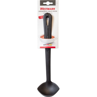 Westmark Gentle Plus Juslepel, zwart, verpakking op kaart met foto van gebruik bij een soepkom