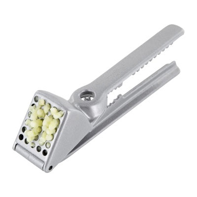 Westmark All Purpose Pers, zilver, perstang met geperste knoflook in het gaasbakje