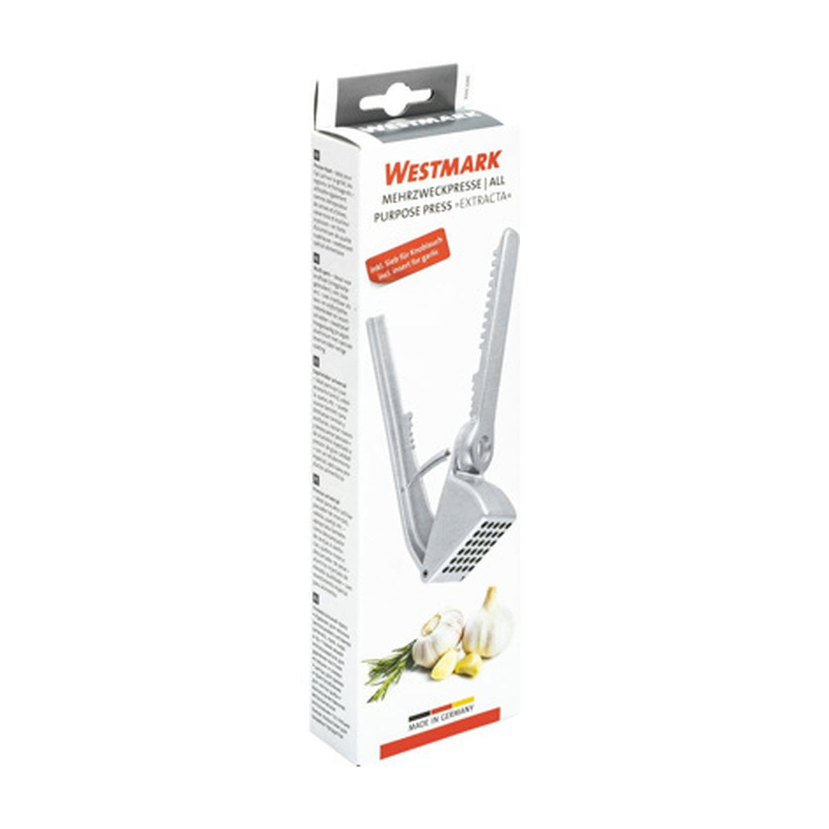 Westmark All Purpose Pers, zilver, verpakkingsdoos met productfoto en verse knoflook