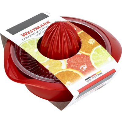 Westmark Limetta Citruspers Rood, rood, met hangtag en afbeelding van diverse citrusvruchten