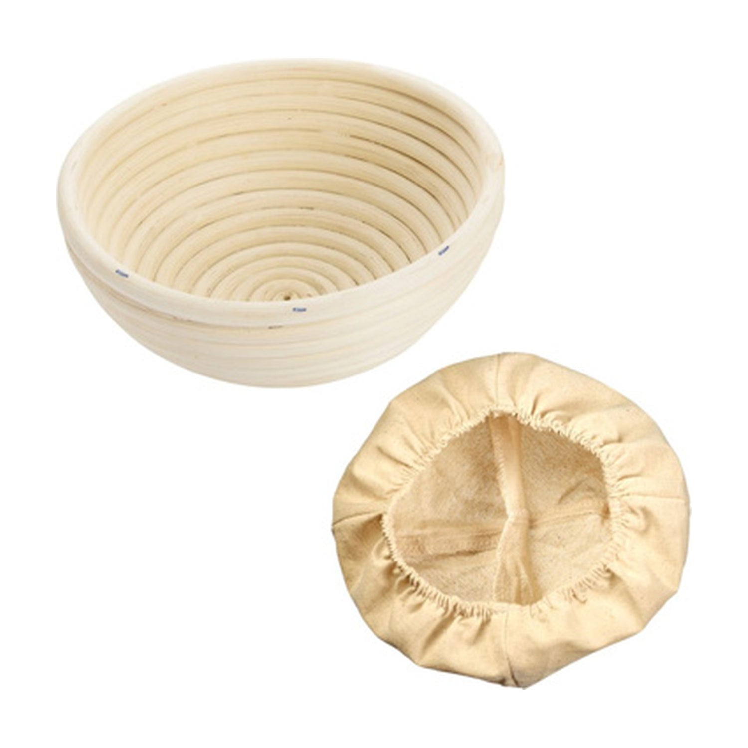 Westmark Rijsmandje Rond met Hoes - 17,5 cm, naturel, rieten rijsmandje met spiraalpatroon naast een linnen hoes