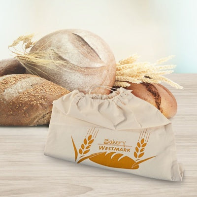 Westmark Broodzak, naturel, broodzak tussen verse broodjes en korenaren op een houten ondergrond