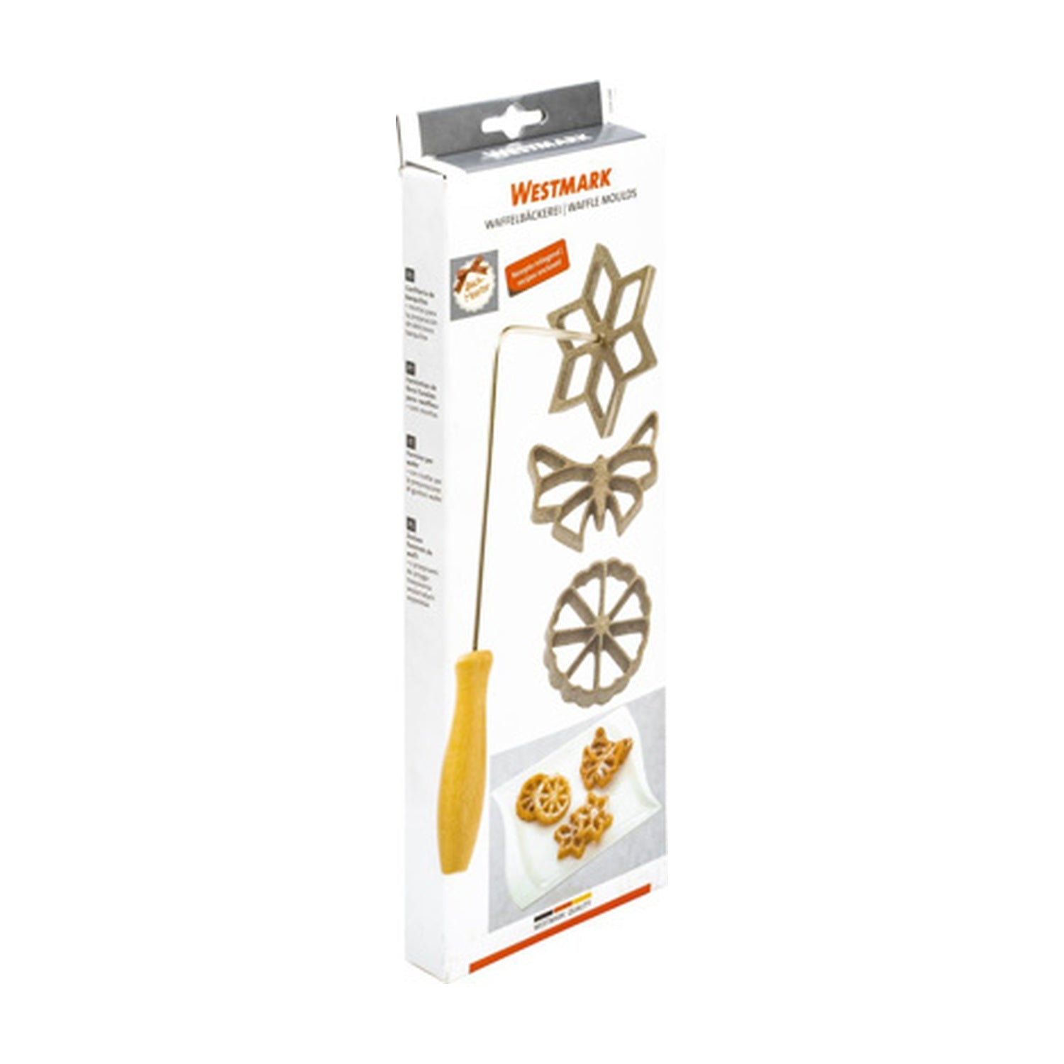 Westmark Wafelset Gietijzer, verpakking op doos met de 3 gietijzeren wafelvormen