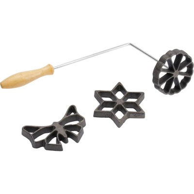 Westmark Wafelset Gietijzer, de 3 losse gietijzeren wafelvormen met houten steel