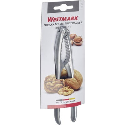Westmark Herkules Notenkraker, zilver, verpakking op kaart met foto van walnoten