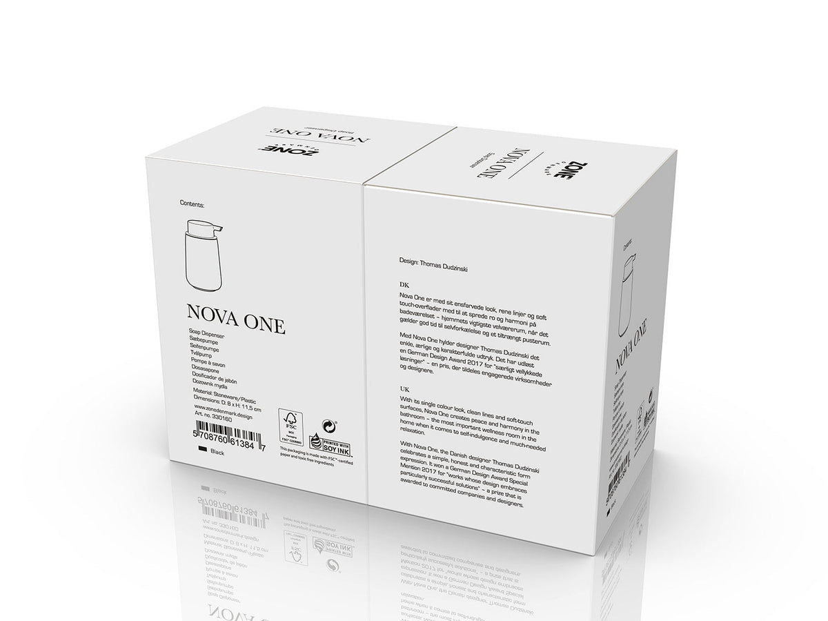 Verpakking van de Zone Denmark Nova One Zeepdispenser, achterkant met productinformatie