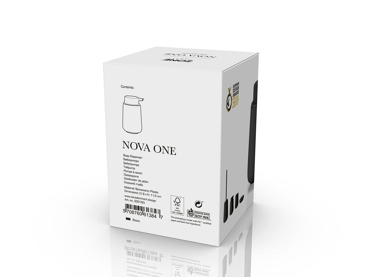 Verpakking van de Zone Denmark Nova One Zeepdispenser, zijkant met materiaal en afmetingen