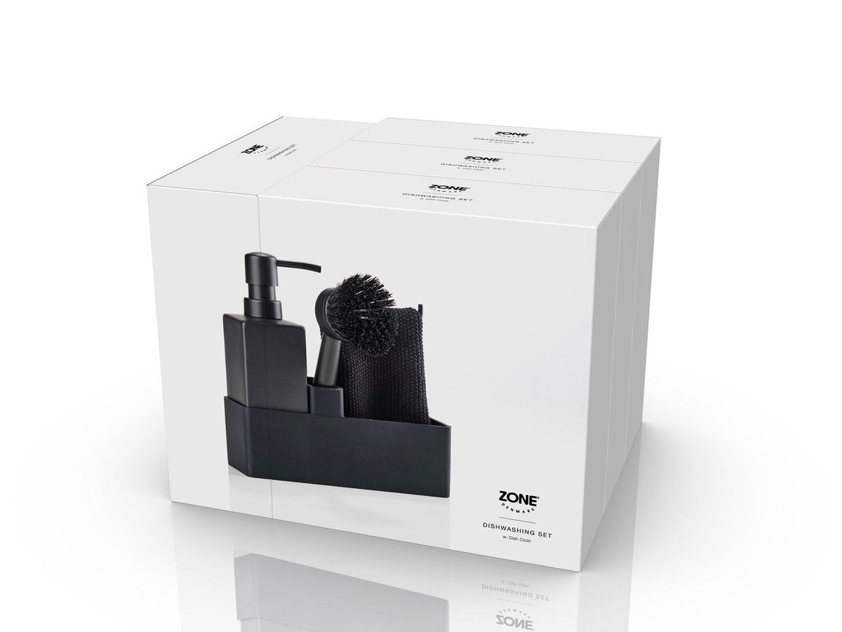 Verpakking van het Zone Denmark Dishwashing Set met Dish Cloth, met productfoto op de doos