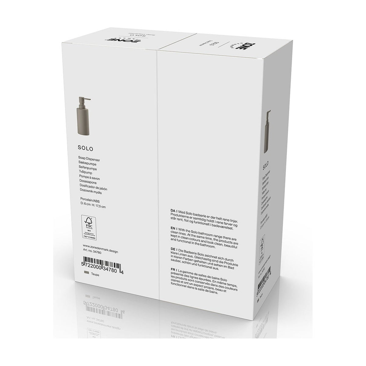 Verpakking van de Zone Denmark Solo Zeepdispenser in Taupe, zijkant met materiaal en afmetingen