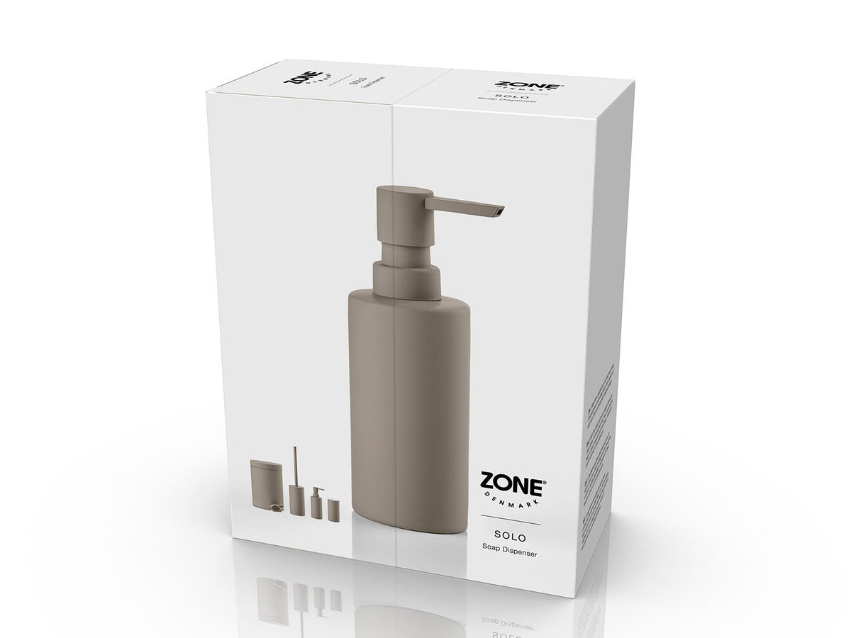 Verpakking van de Zone Denmark Solo Zeepdispenser in Taupe, voorkant met productfoto