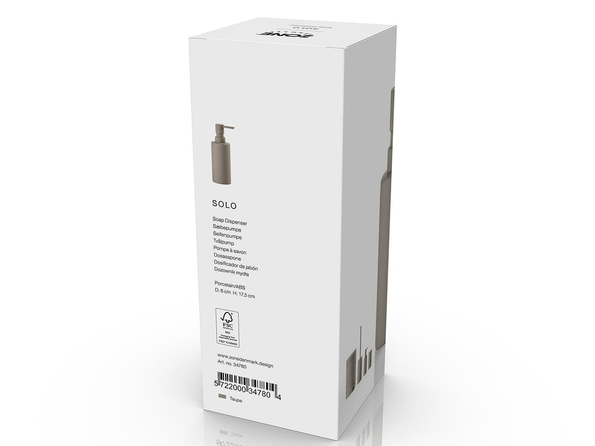 Verpakking van de Zone Denmark Solo Zeepdispenser in Taupe, andere zijkant met materiaal en afmetingen