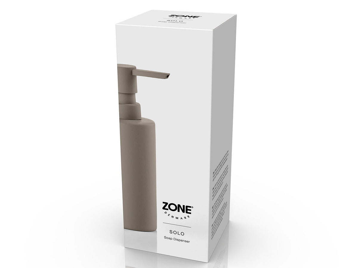 Zone Denmark Solo Zeepdispenser - Taupe op witte achtergrond, andere hoek
