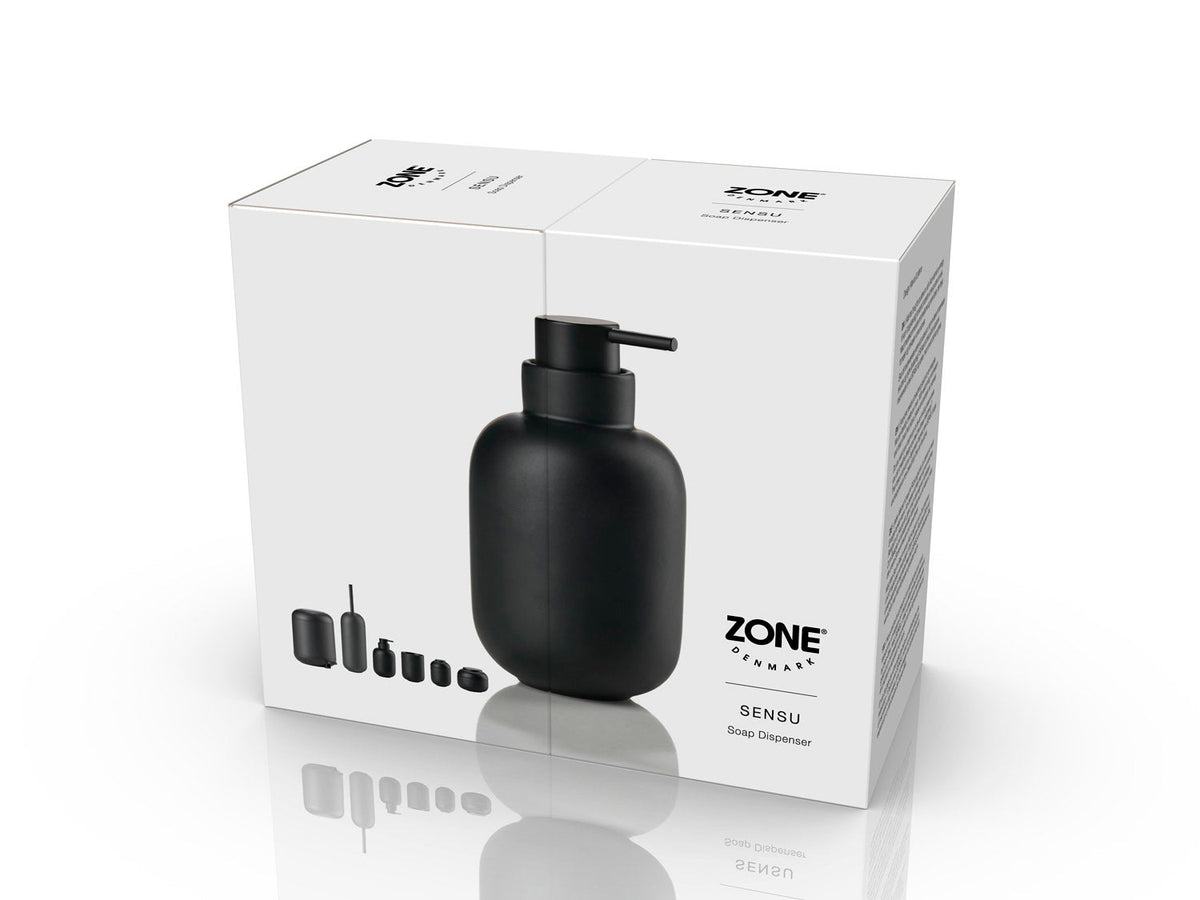 Verpakking van de Zone Denmark Sensu Zeepdispenser, zijkant met materiaal en afmetingen