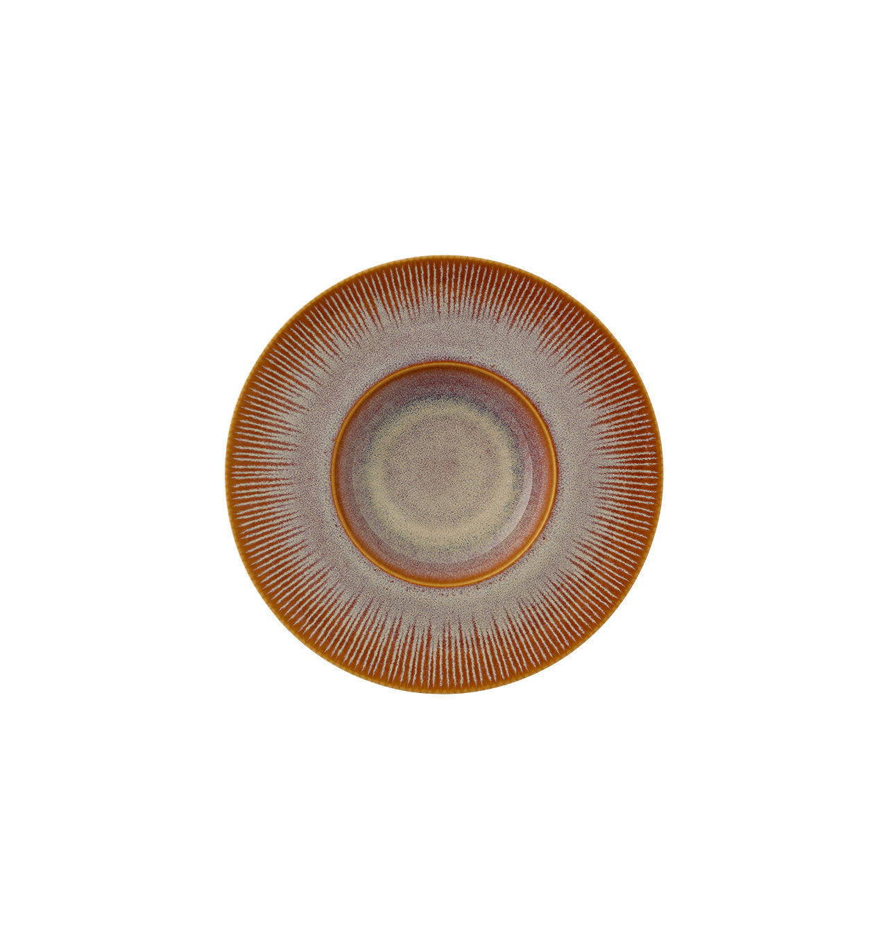 Casa Alegre Shangri-la Spaghettibord Licht - 28 cm, bovenaanzicht op witte achtergrond met de brede gestreepte rand en de diepere kom duidelijk zichtbaar