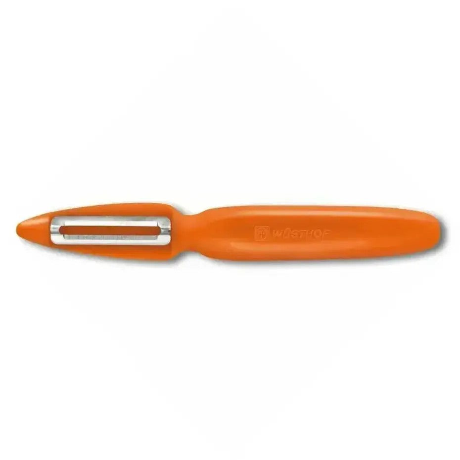 Wüsthof dunschiller met oranje handvat en RVS blad, liggend op een witte achtergrond.