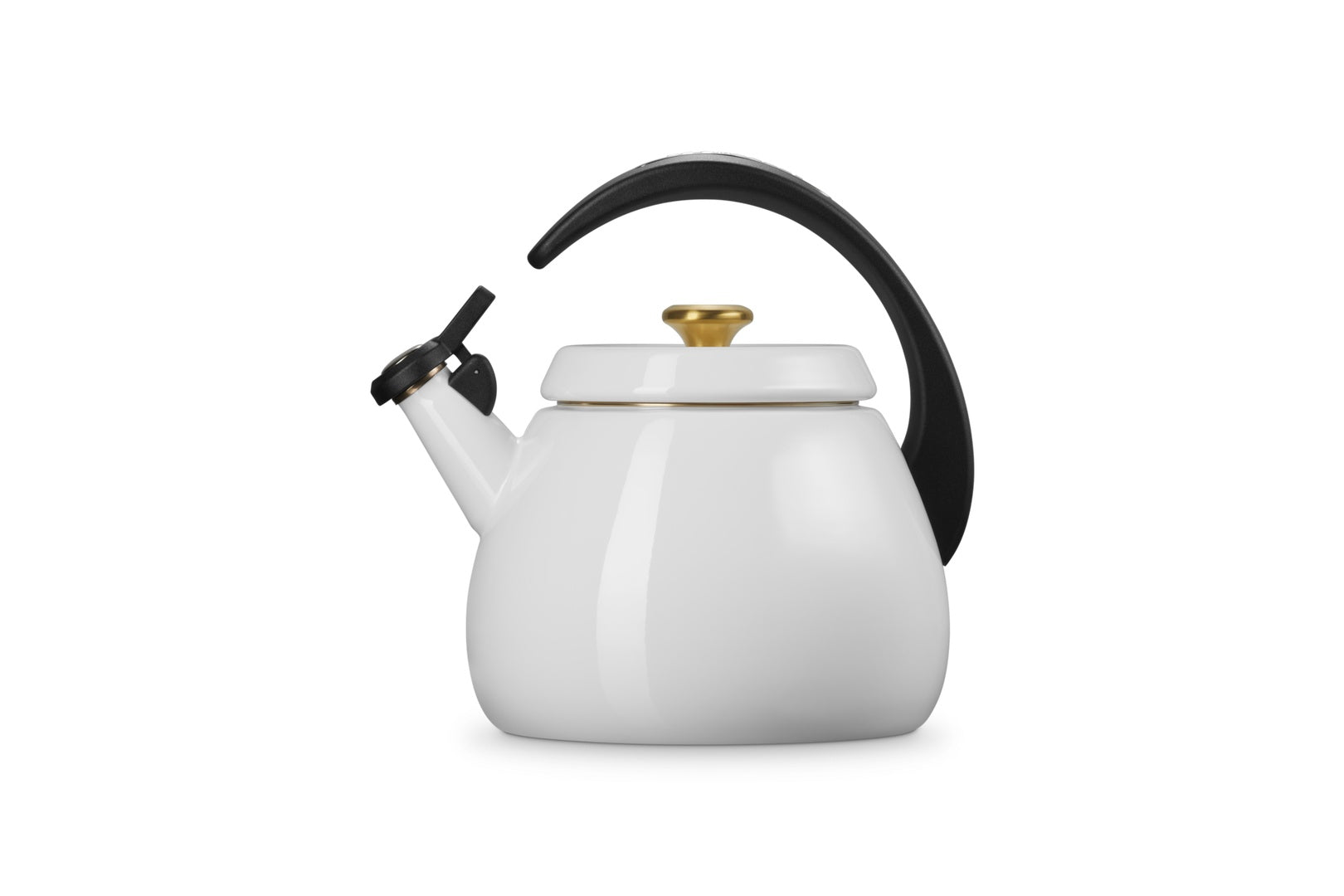 Le Creuset Cloche Fluitketel Wit/Goud - 2,1 liter, vooraanzicht met de ronde bodem, tuit en het zwarte handvat