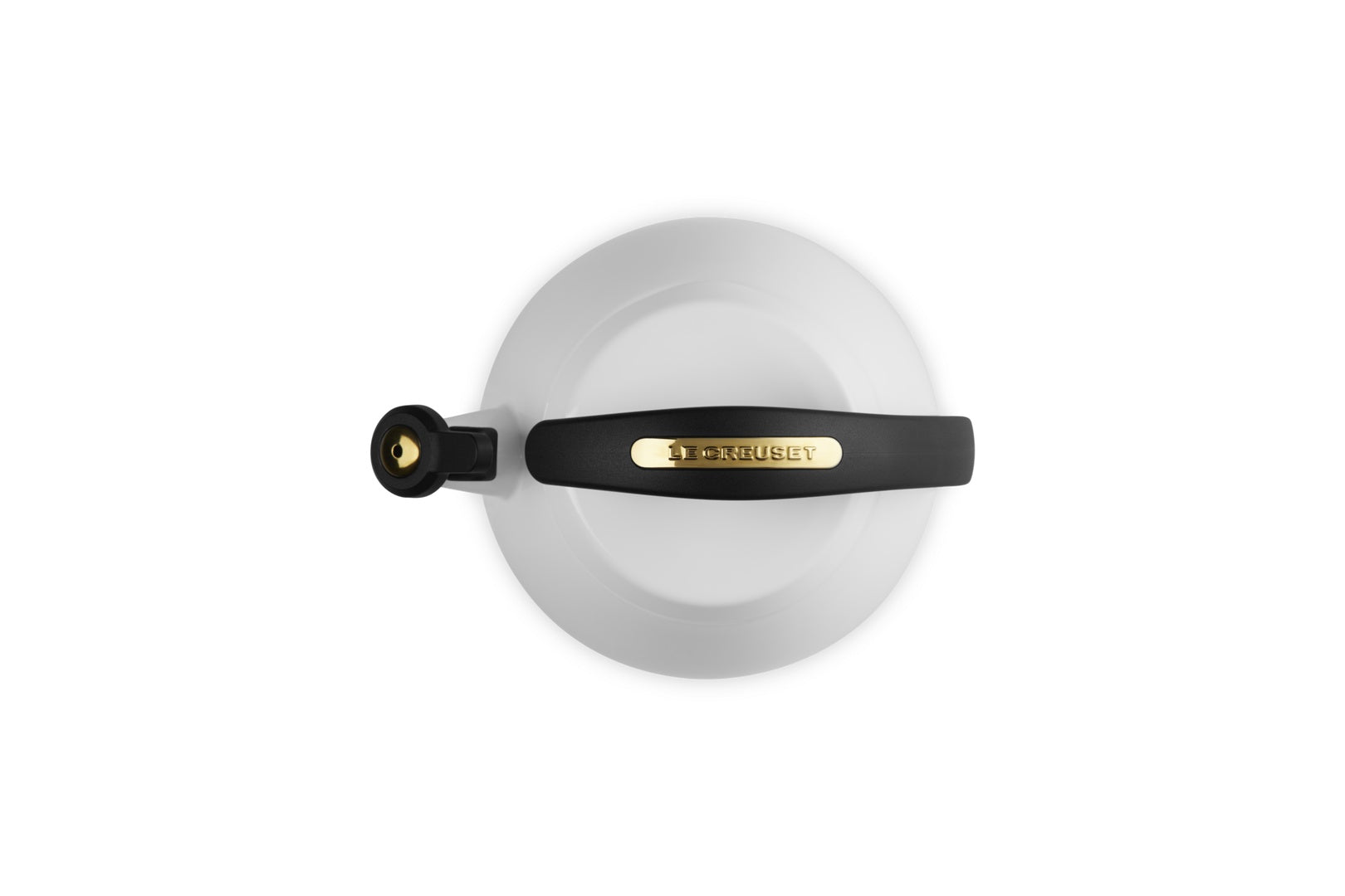 Le Creuset Cloche Fluitketel Wit/Goud - 2,1 liter, close-up van het handvat met het Le Creuset-logo en de fluitknop