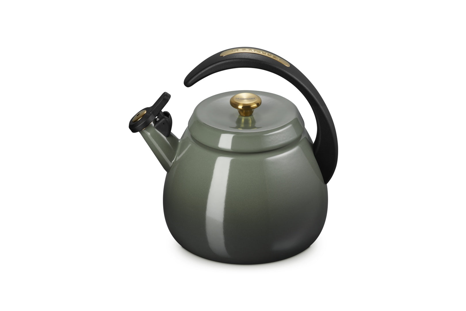 Le Creuset Cloche Fluitketel Thyme - 2,1 liter, vooraanzicht met de ronde bodem, tuit en het zwarte handvat
