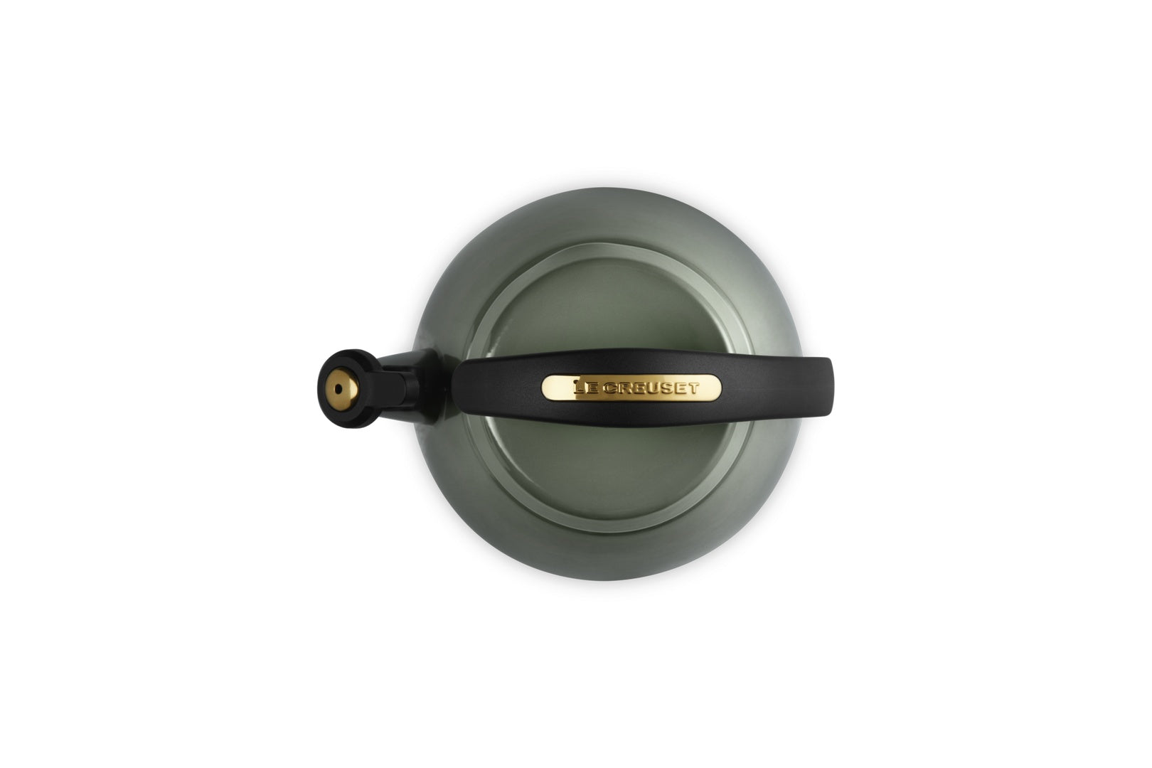 Le Creuset Cloche Fluitketel Thyme - 2,1 liter, close-up van het handvat met het Le Creuset-logo en de fluitknop