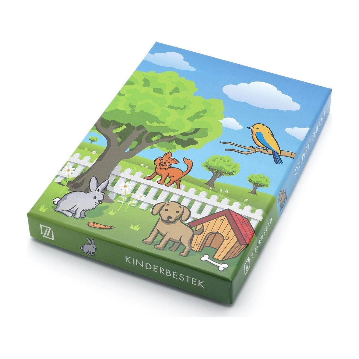 groene geschenkdoos met een hond, kat, konijn en vogel in een tuin