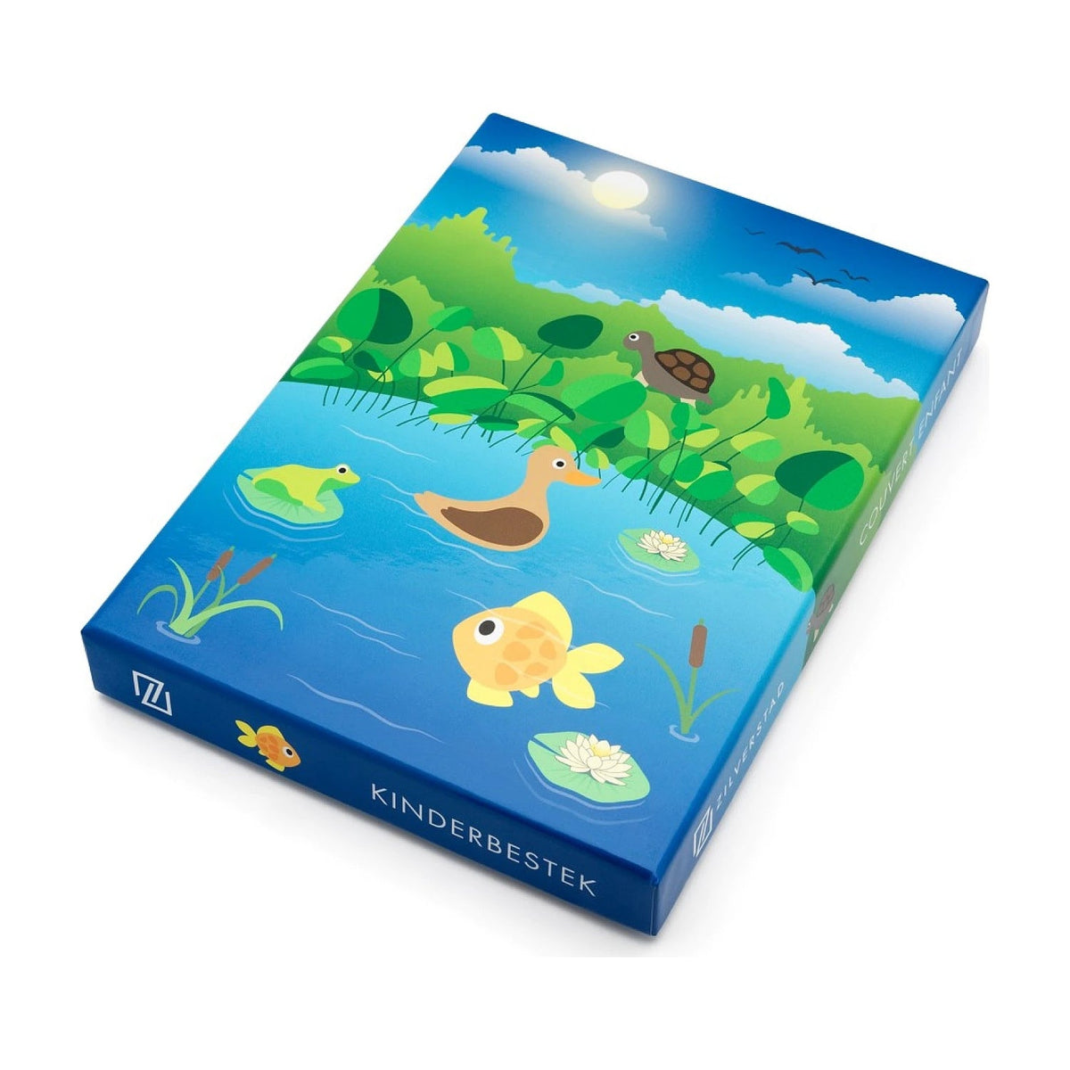 geschenkdoos met een eend, kikker en vis in een vijver
