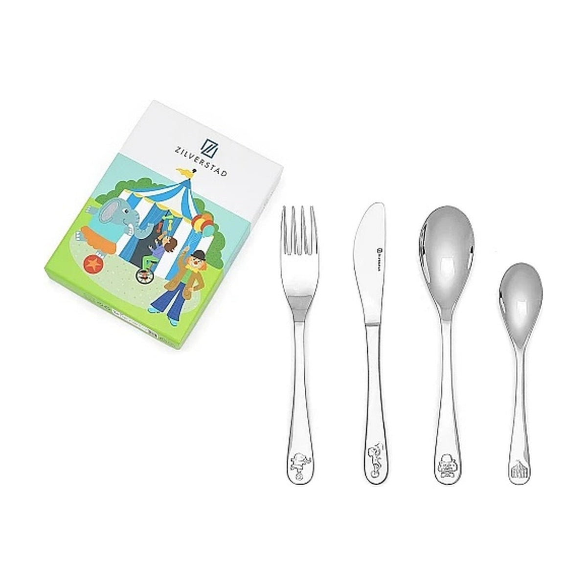 de geschenkdoos met circusartiesten en het bestek ernaast uitgelegd