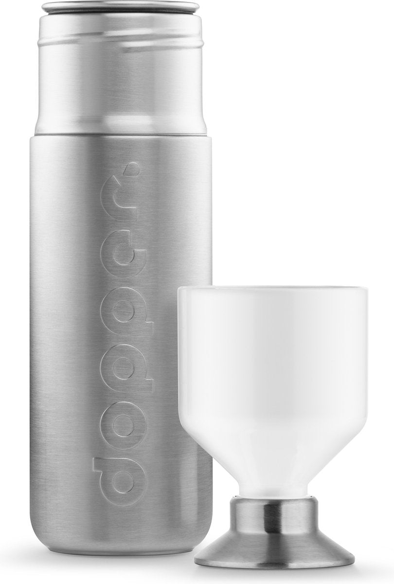 Dopper Steel - 1,1 liter met de losse witte drinkbeker ernaast
