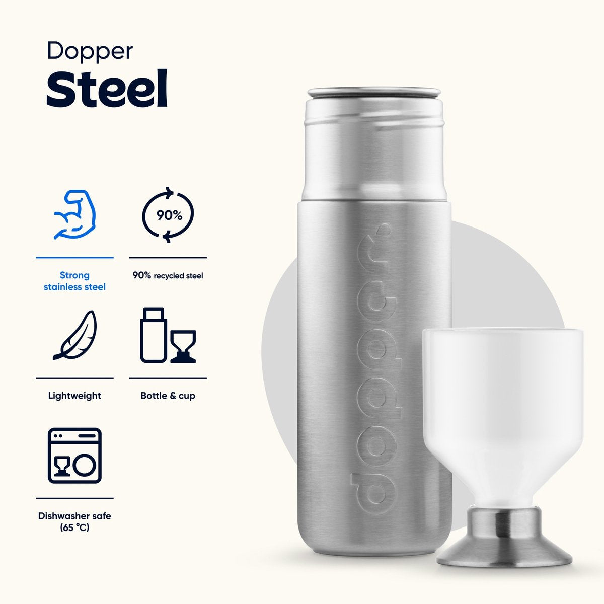 Dopper Steel - 1,1 liter met beker en iconen voor sterk roestvrij staal, 90% gerecycled, lichtgewicht en vaatwasmachinebestendig
