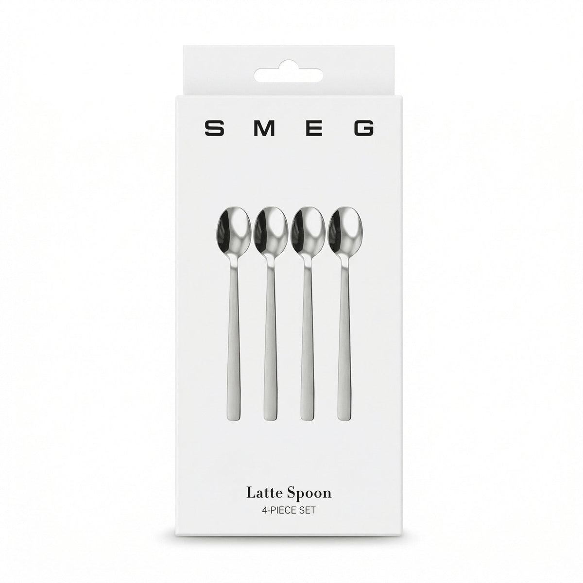 Witte doos van Smeg met de tekst Latte Spoon 4-piece set en vier lepels erop afgebeeld
