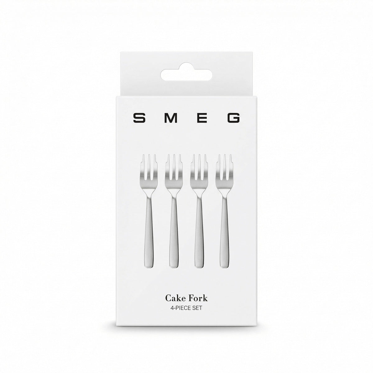 Witte doos van Smeg met de tekst Cake Fork 4-piece set en vier taartvorkjes erop afgebeeld
