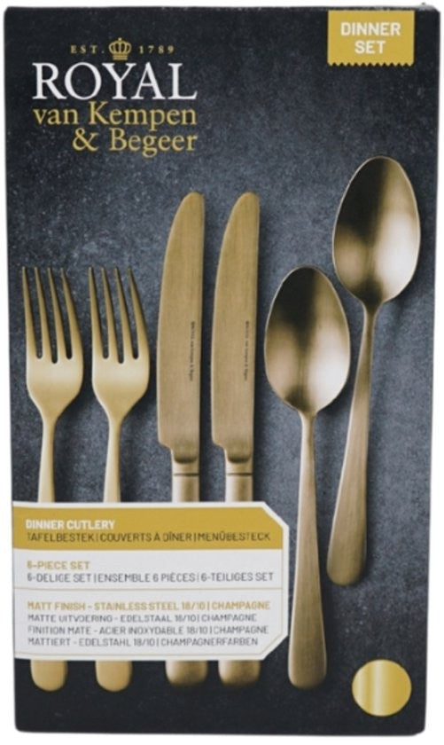 Verpakking van de Royal Van Kempen & Begeer bestekset met de specificaties mat, roestvrijstaal 18/10 en champagnekleurig.