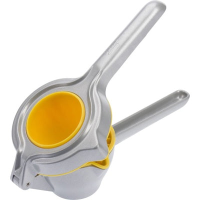 Westmark Limona Citrusknijper, zilver, aluminium citruspers met gele kunststof kom, diagonaal gefotografeerd