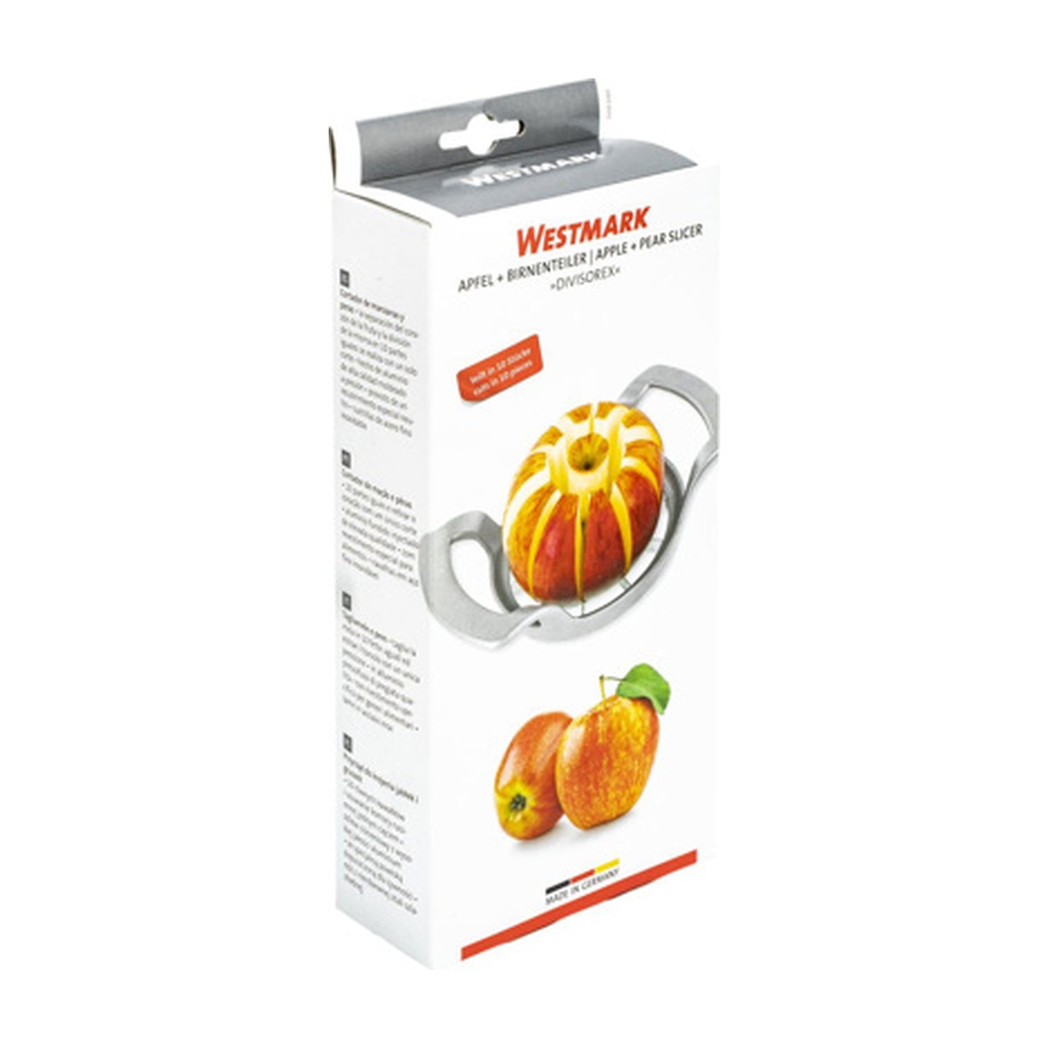 Westmark Divisorex Appel- en Perensnijder, zilver, verpakkingsdoos met productfoto en doorgesneden appel